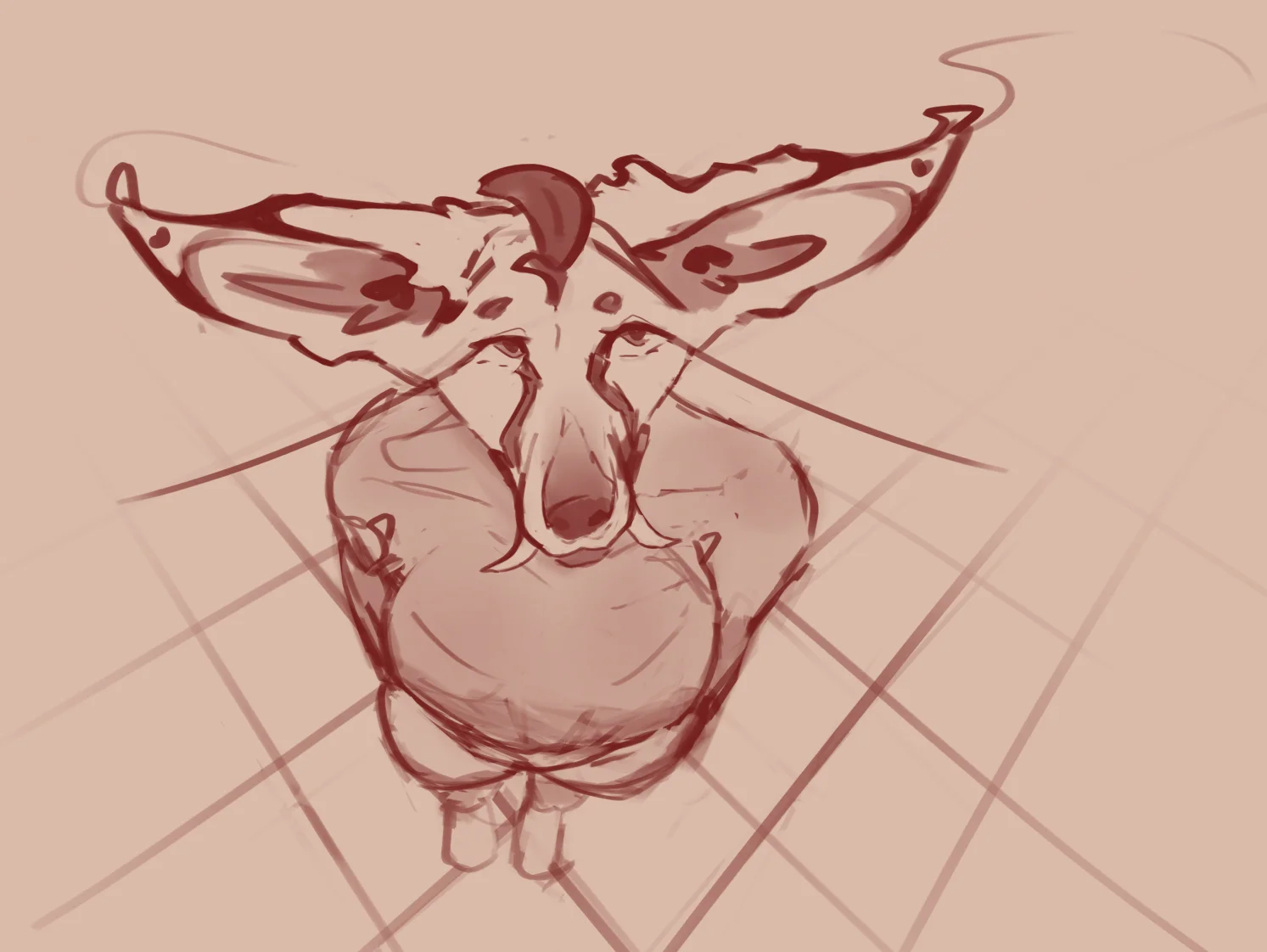 Abstract drawing of a whimsical creature with large ears and a rounded body on a gridded background, conveying a playful and quirky tone.